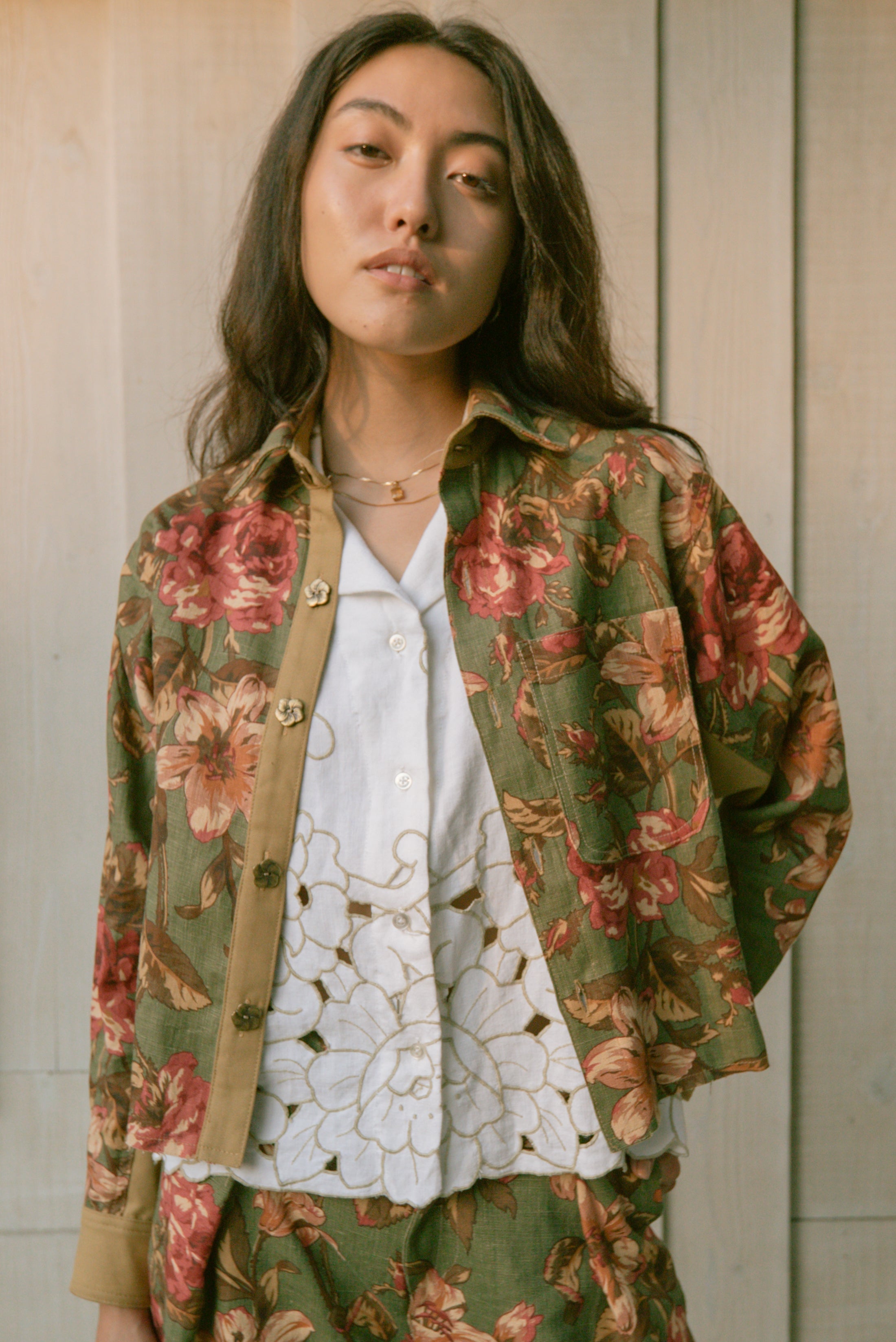 Jess Meany Green Floral Shirt Jacket Front