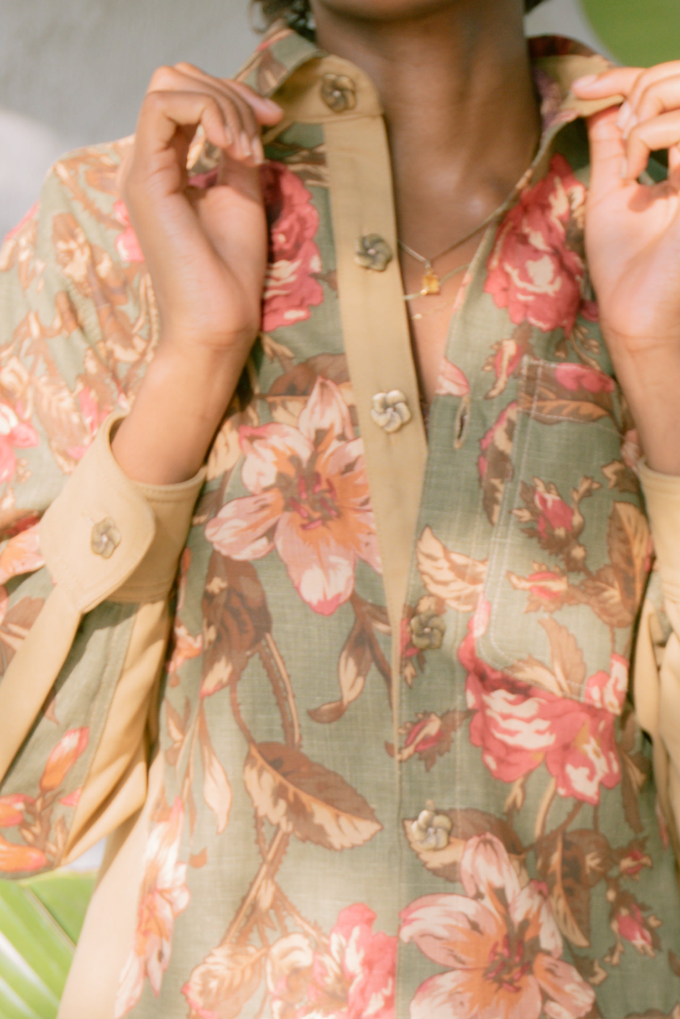 Jess Meany Green Floral Shirt Jacket Detail
